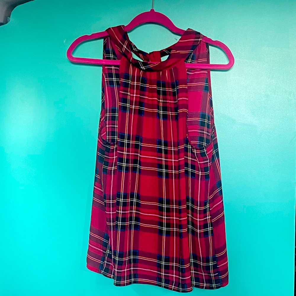 J Crew tartan plaid tie neck top size 8 NWOT